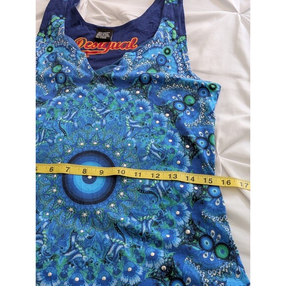 Vtg Authentic Desigual Tunic Mini Womens S Paisley Art Logo Blue Top Boho Hippie - Picture 11 of 12